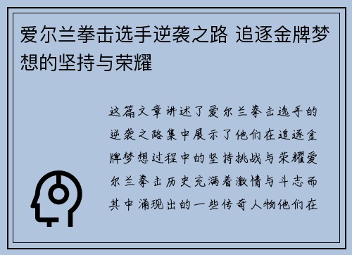 爱尔兰拳击选手逆袭之路 追逐金牌梦想的坚持与荣耀