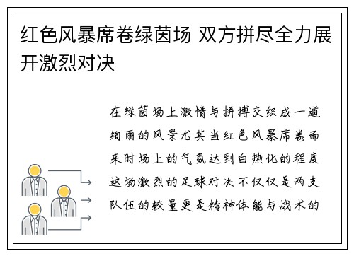 红色风暴席卷绿茵场 双方拼尽全力展开激烈对决