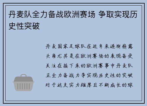 丹麦队全力备战欧洲赛场 争取实现历史性突破