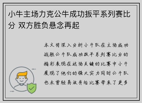 小牛主场力克公牛成功扳平系列赛比分 双方胜负悬念再起