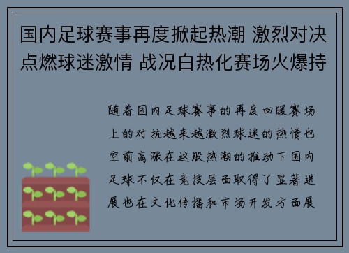 国内足球赛事再度掀起热潮 激烈对决点燃球迷激情 战况白热化赛场火爆持续