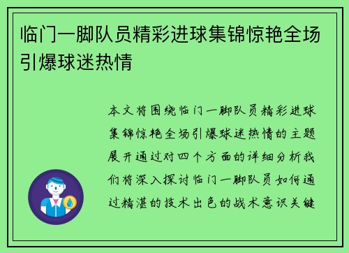 临门一脚队员精彩进球集锦惊艳全场引爆球迷热情