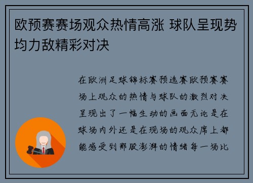 欧预赛赛场观众热情高涨 球队呈现势均力敌精彩对决