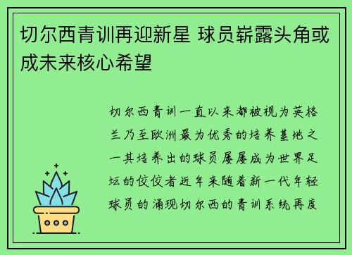 切尔西青训再迎新星 球员崭露头角或成未来核心希望