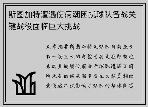 斯图加特遭遇伤病潮困扰球队备战关键战役面临巨大挑战