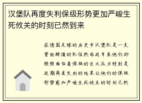 汉堡队再度失利保级形势更加严峻生死攸关的时刻已然到来