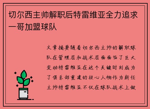 切尔西主帅解职后特雷维亚全力追求一哥加盟球队