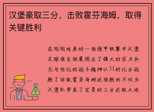 汉堡豪取三分，击败霍芬海姆，取得关键胜利