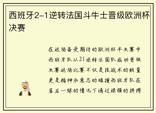 西班牙2-1逆转法国斗牛士晋级欧洲杯决赛