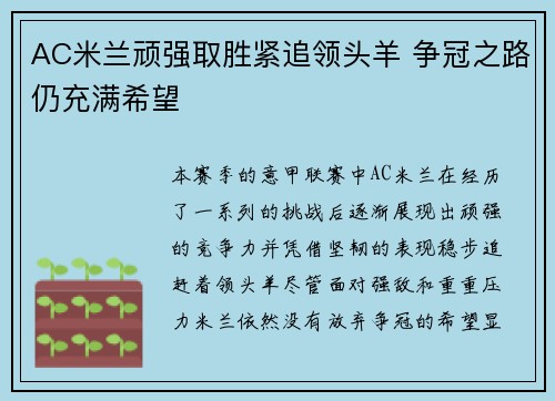 AC米兰顽强取胜紧追领头羊 争冠之路仍充满希望