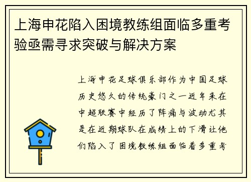 上海申花陷入困境教练组面临多重考验亟需寻求突破与解决方案