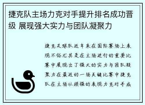 捷克队主场力克对手提升排名成功晋级 展现强大实力与团队凝聚力