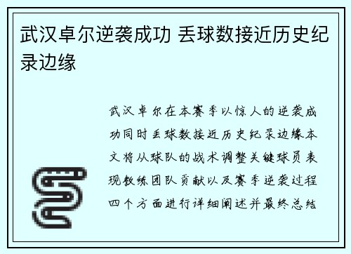 武汉卓尔逆袭成功 丢球数接近历史纪录边缘