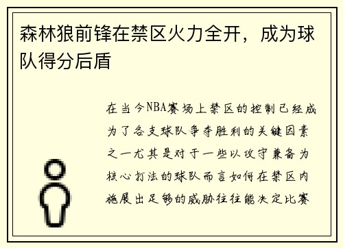 森林狼前锋在禁区火力全开，成为球队得分后盾