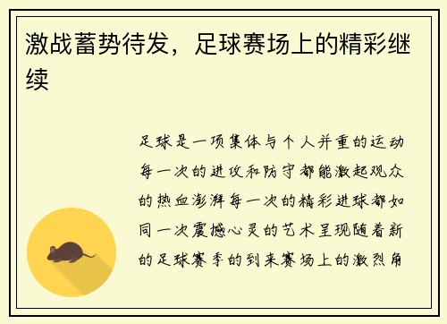 激战蓄势待发，足球赛场上的精彩继续